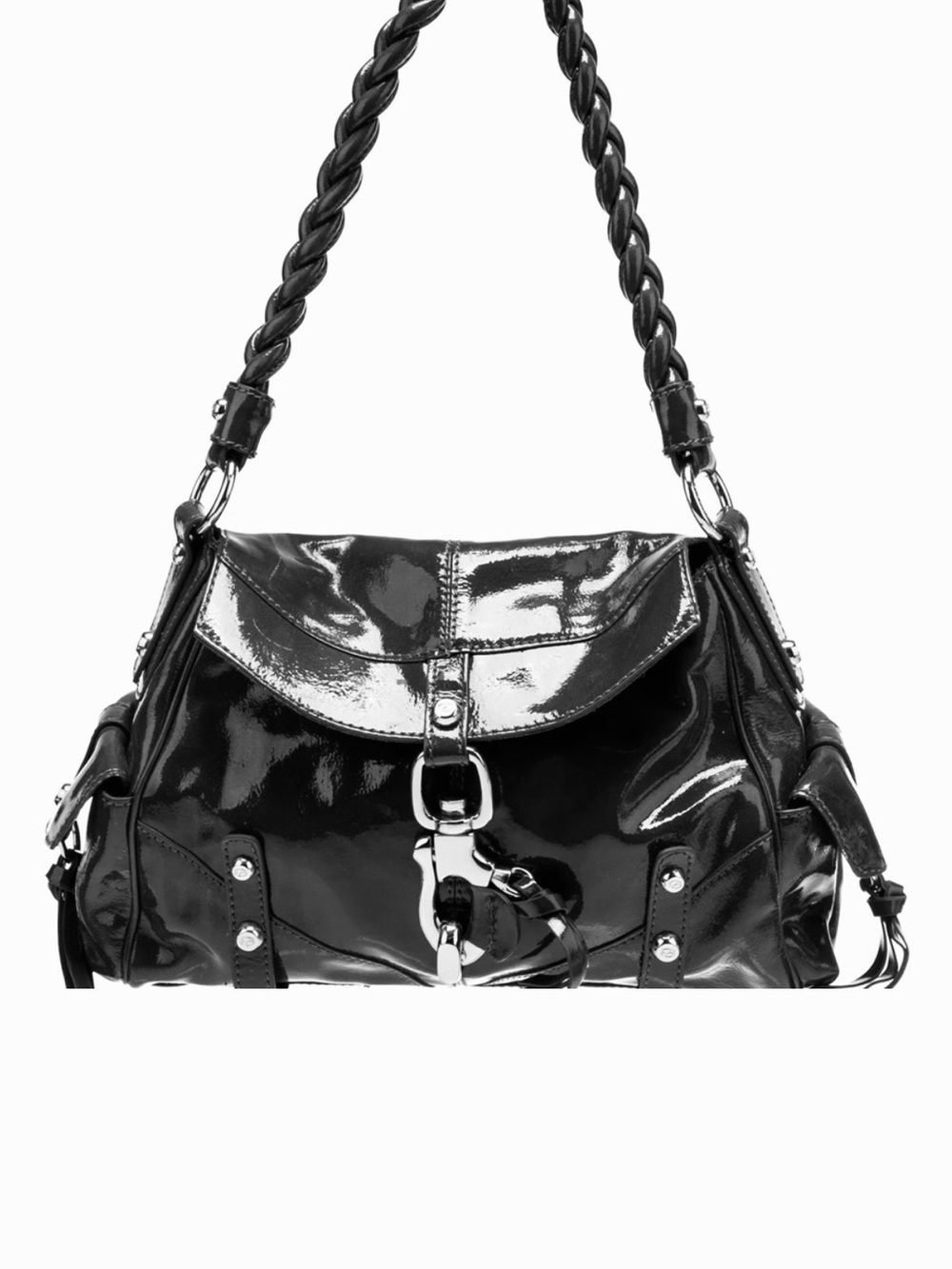 Francesco Biasia Black Patent Shoulder Bag with Braided Strap